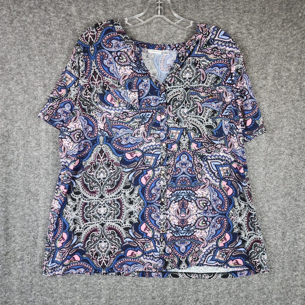 Croft & Barrow Button Front Top Women 1X Paisley Short Sleeve V-Neck Stretch